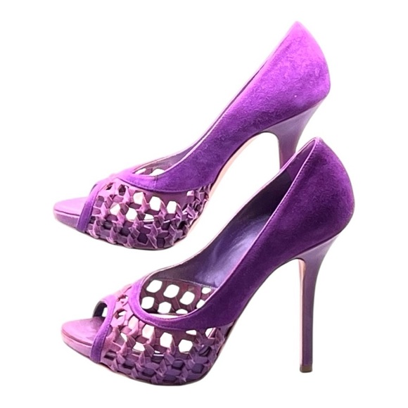 Christian Dior | Purple Suede & Leather Peep-Toe Cutout Stiletto Heels - Picture 3 of 16